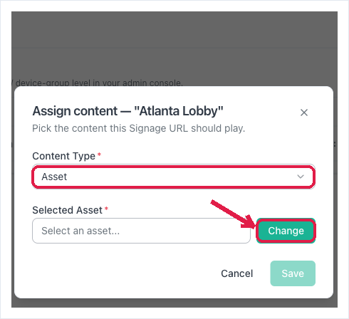 The Assign content dialog — pick a Content Type, choose the item, then Save