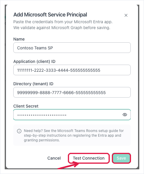 The Add Service Principal dialog — fill the four fields, then Test Connection before Save