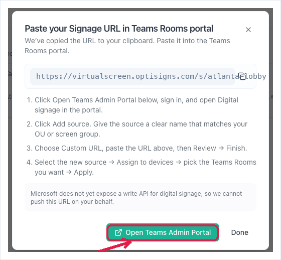 The paste-instructions dialog — copy the URL, then click Open Teams Admin Portal