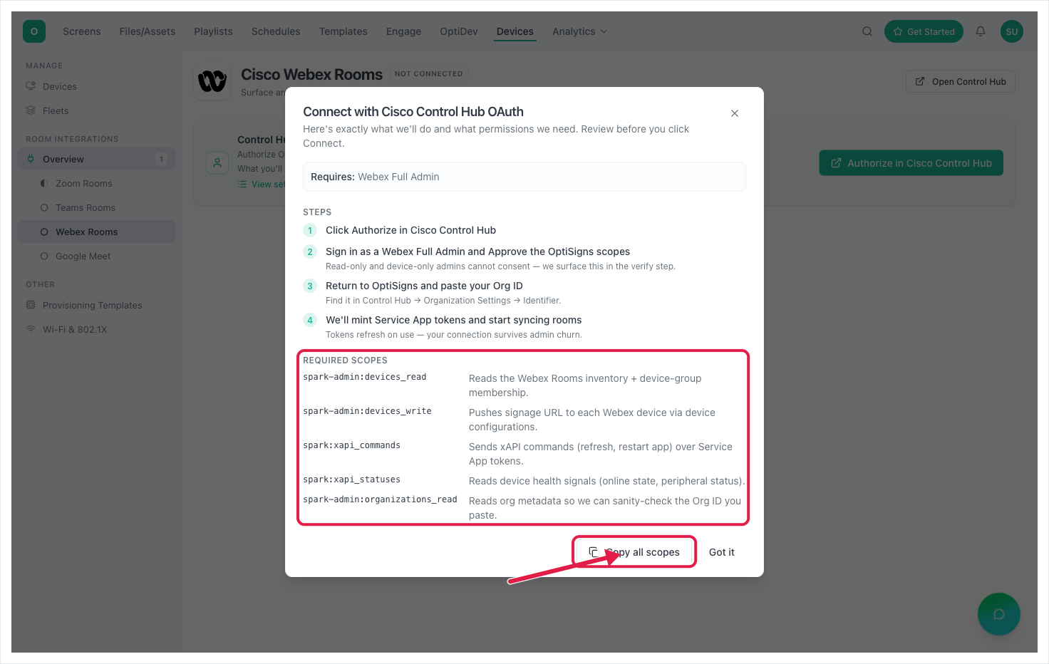 The Connect with Cisco Control Hub OAuth dialog — the four setup steps and all five required scopes