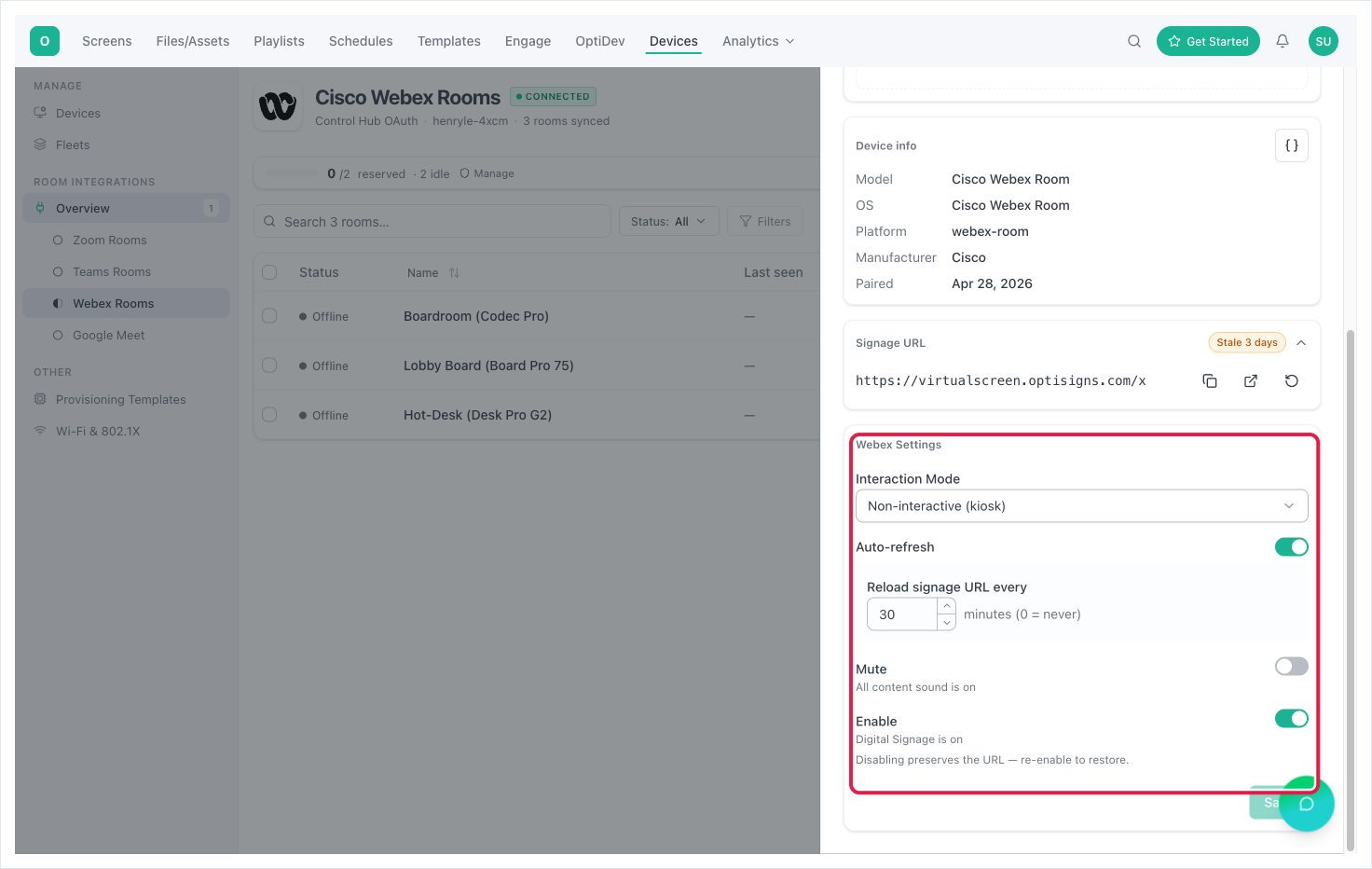 The Webex Settings card — Interaction Mode, Auto-refresh, Mute, and Enable