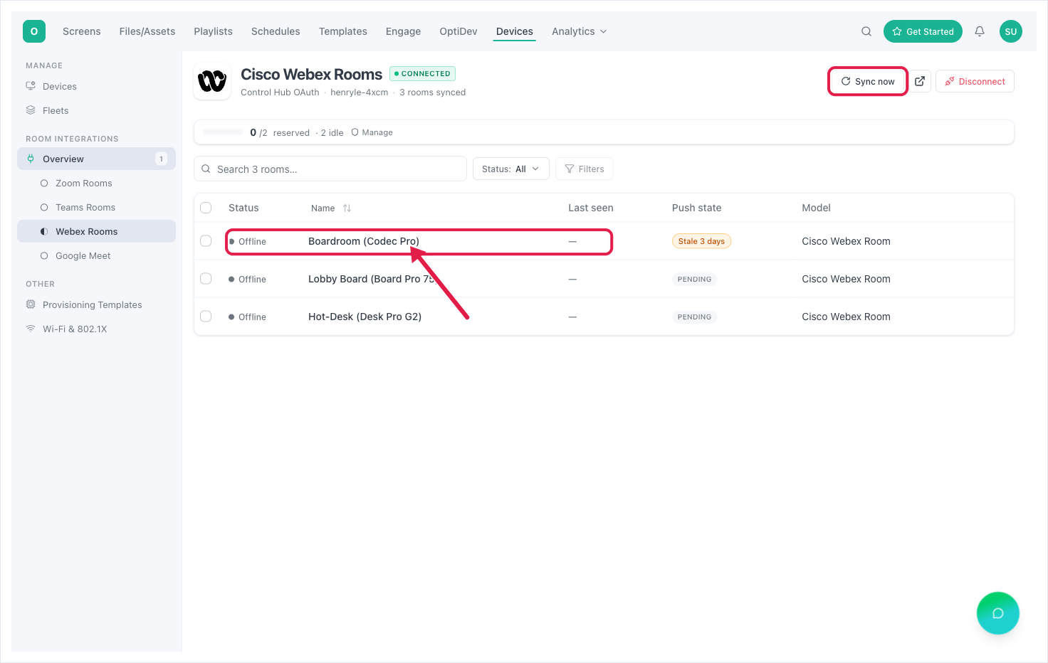 Connected: the Webex Rooms list showing the org, rooms synced, and per-room push state
