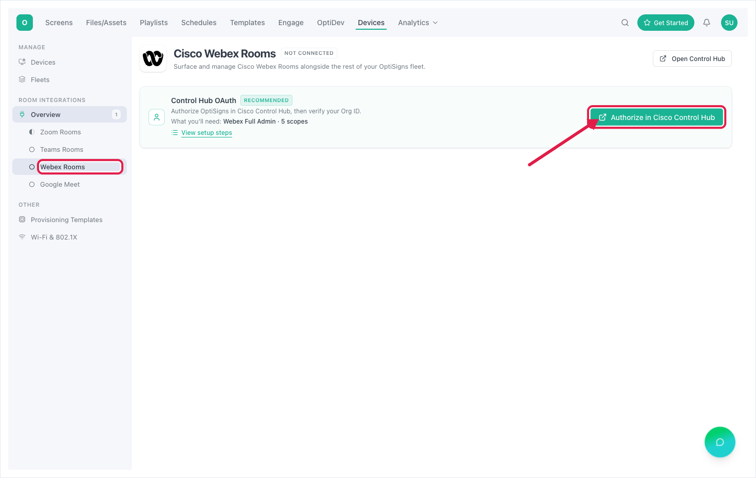 OptiSigns Devices — Room Integrations — Webex Rooms, the not-connected Control Hub OAuth card