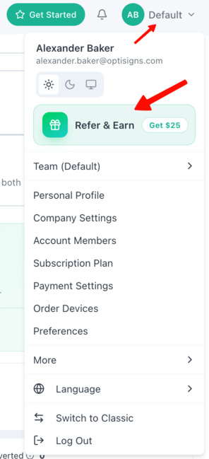 refer & earn button upper right