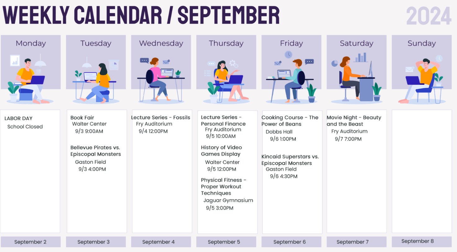 example of a weekly event schedule created using optisync