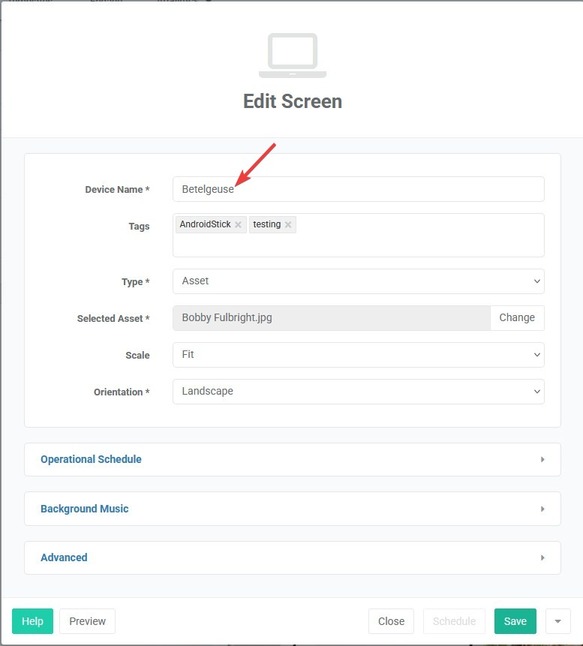 device name on edit screen tab