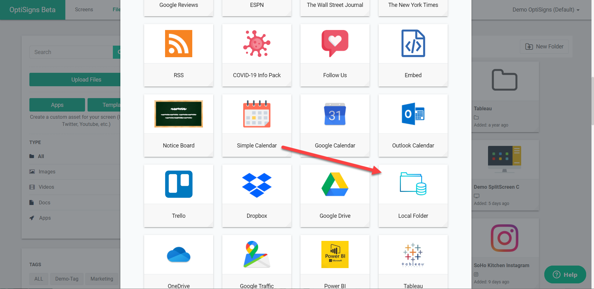 tela de apps no portal optisigns com seta apontando para o aplicativo local folder