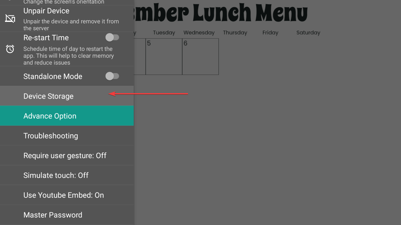 menu do player optisigns android stick com seta apontando para a opção armazenamento do dispositivo
