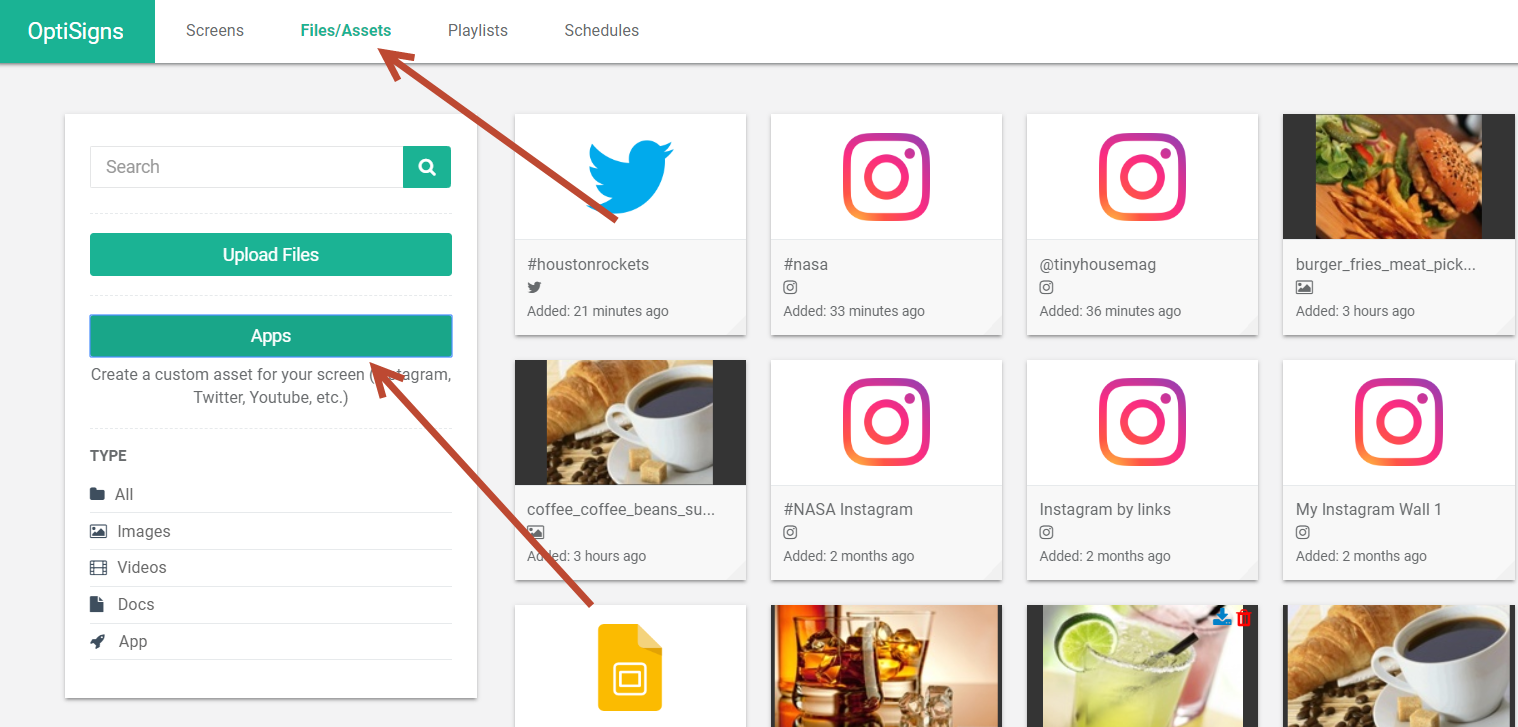portal optisigns com setas apontando para a aba Arquivos/Ativos e botão Apps