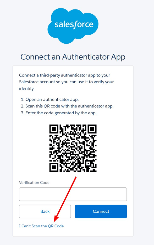 Configuration de l'application d'authentification Salesforce. Sélectionnez 'Je ne peux pas scanner le code QR'
