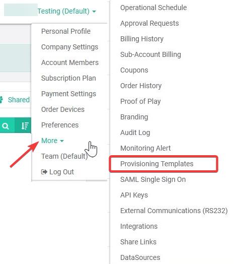 menu déroulant des modèles de provisionnement dans l'application optisigns