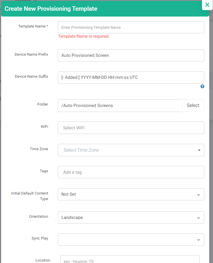 options de modèle de provisionnement dans optisigns
