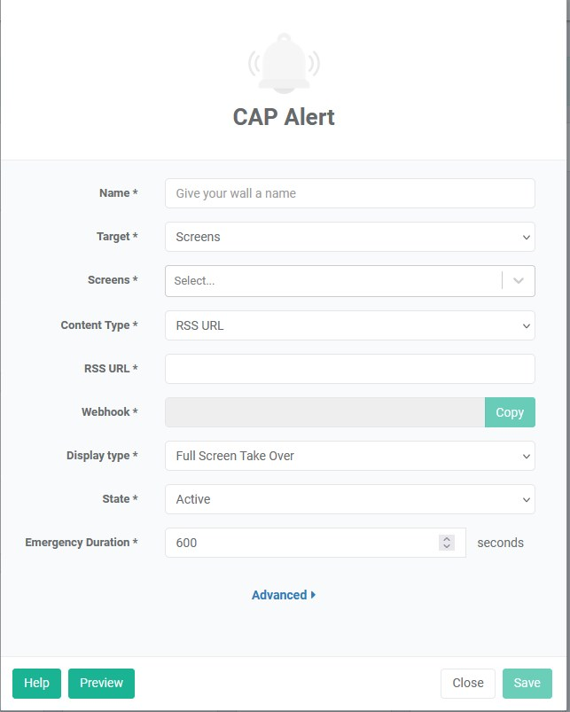 cap alert app konfigurationsfönster i optisigns webbläsare
