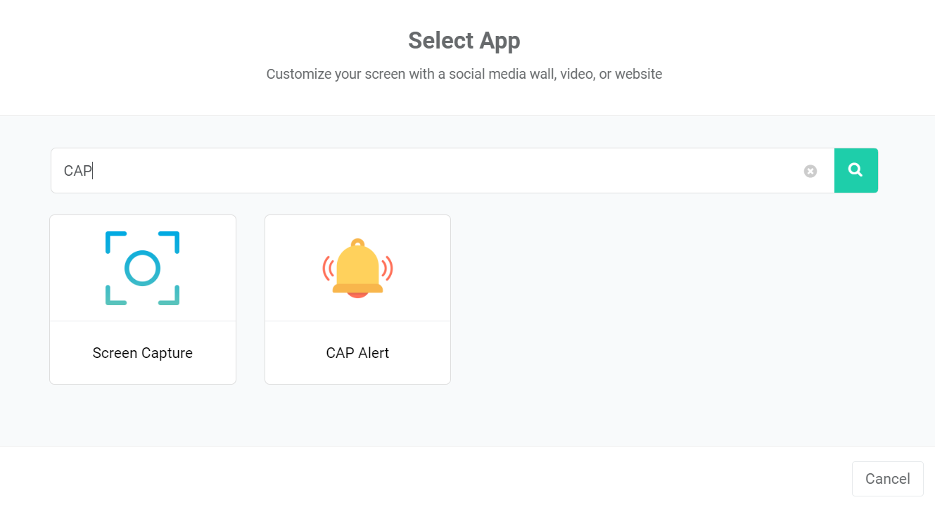 optisigns webbläsare som visar CAP alert-appen