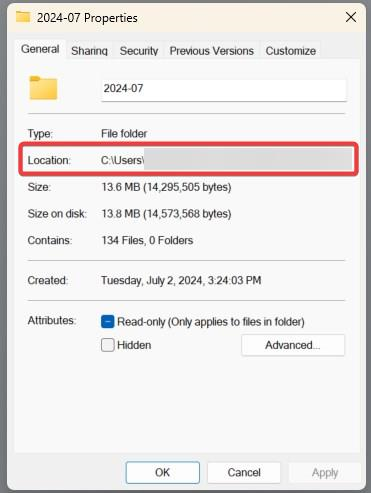 windows-mapp som markerar mappens sökväg
