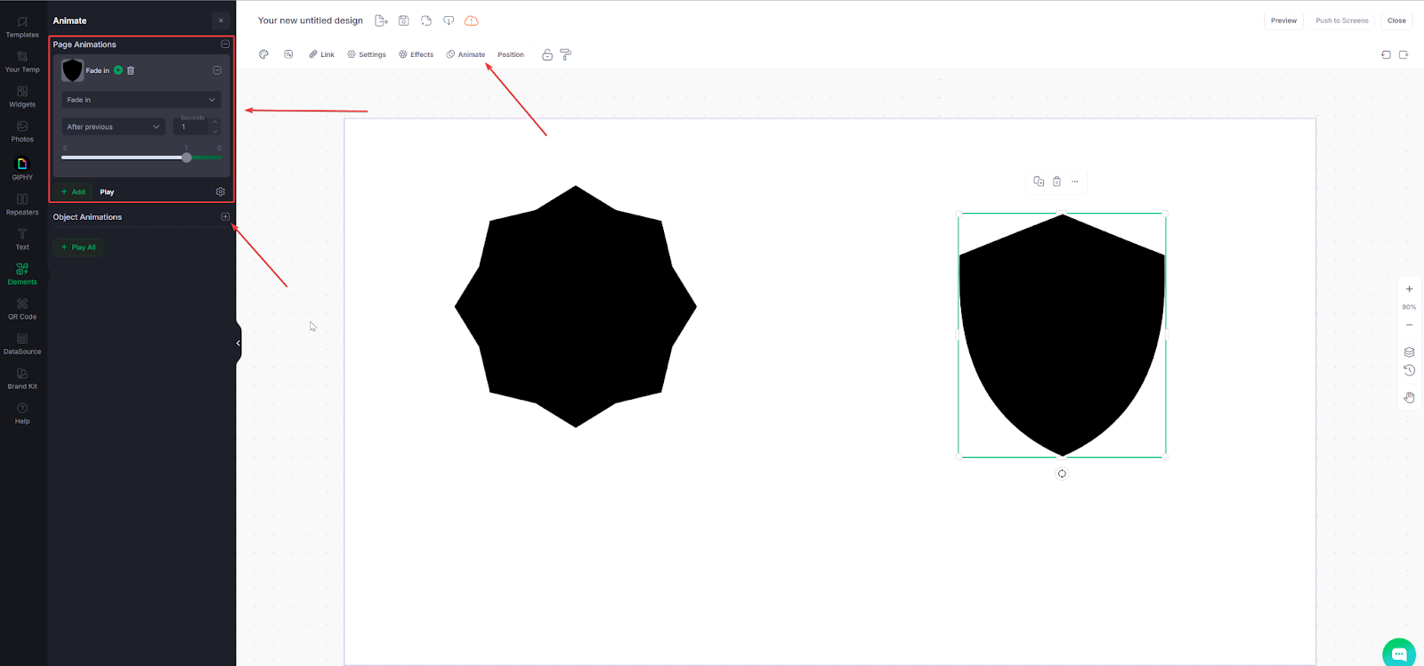 Captura de pantalla del Designer con dos formas negras en el diseño, las flechas muestran cómo usar la animación