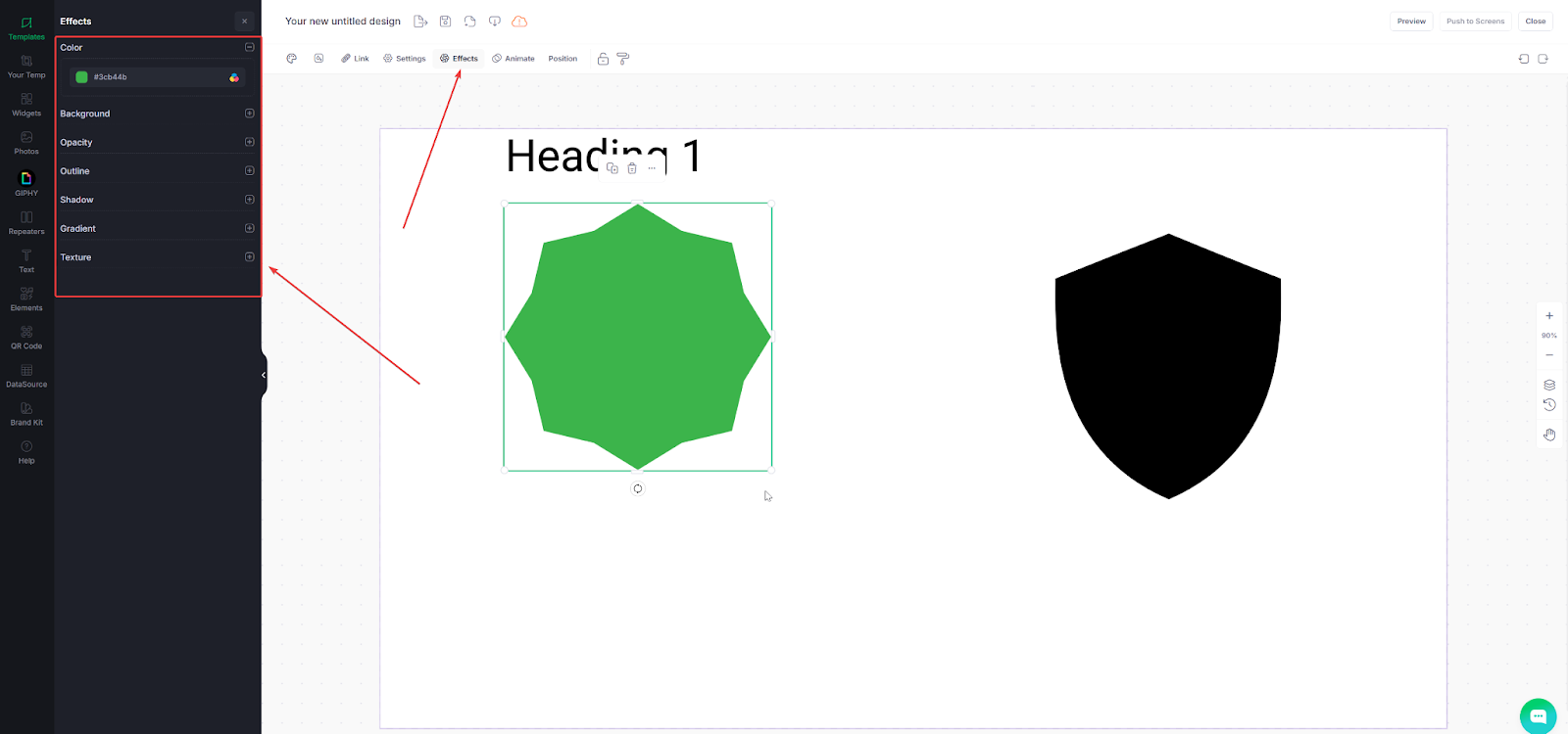 Captura de pantalla del Designer con dos formas en el diseño, las flechas muestran cómo aplicar efectos visuales