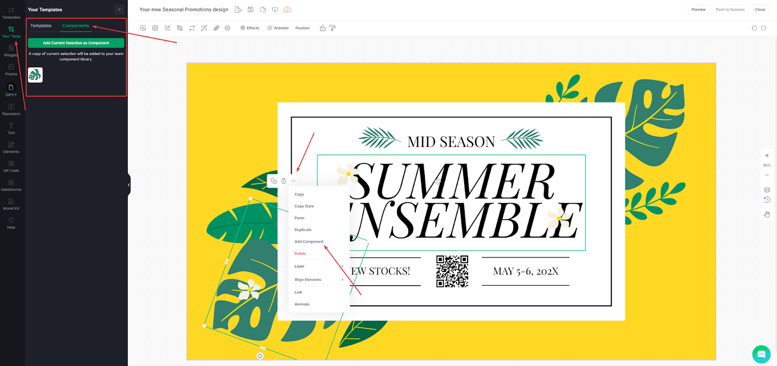 Captura de pantalla del Designer con un diseño amarillo y blanco, las flechas muestran cómo guardar elementos