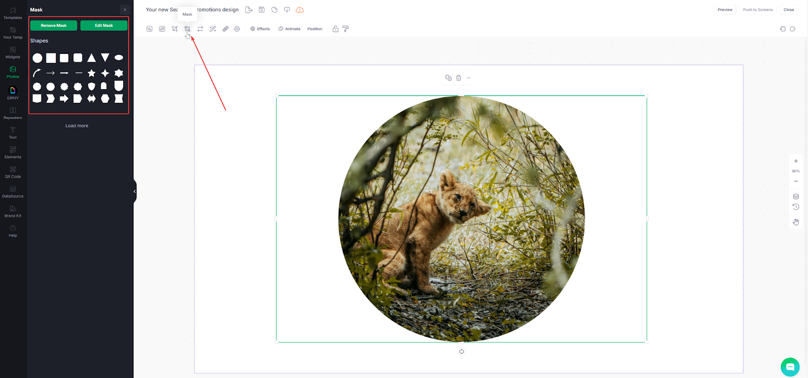 Captura de pantalla del Designer con imagen de cachorro de león en hierba cortada en forma de círculo, las flechas muestran cómo aplicar máscara