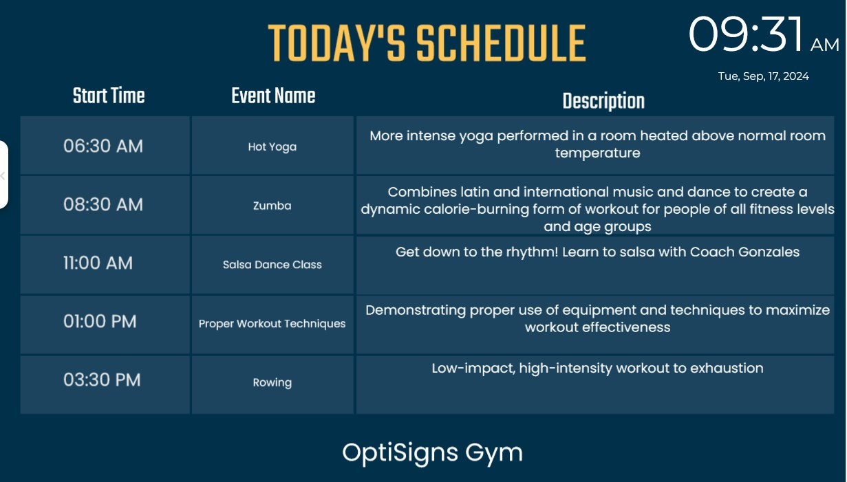 esempio di un programma eventi giornaliero creato usando optisync