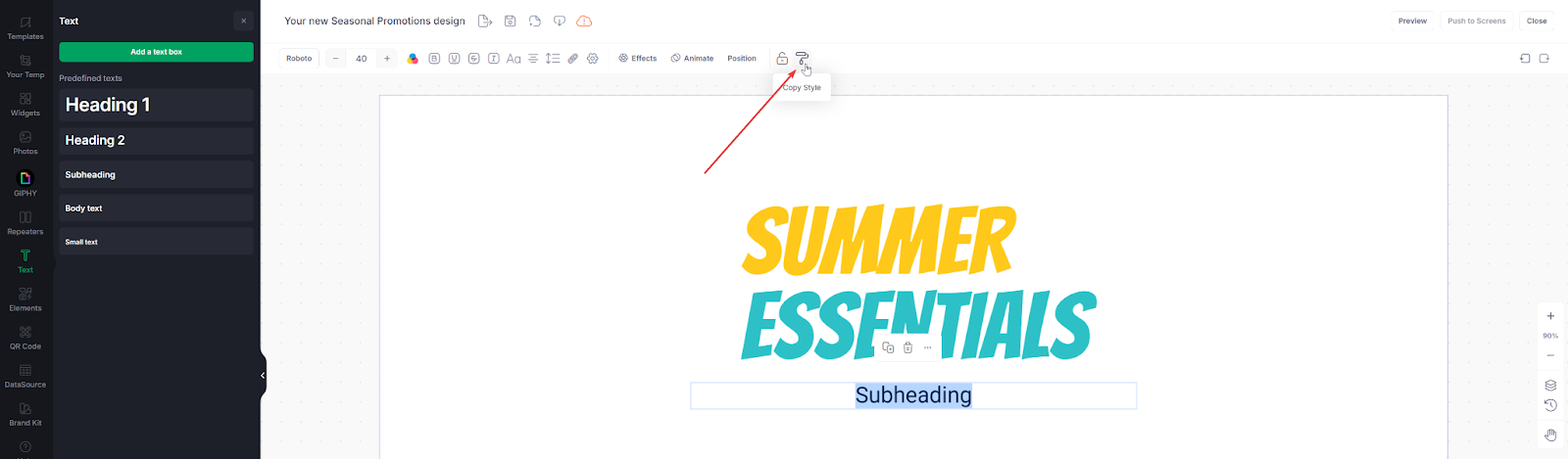 Captura de pantalla del Designer con texto amarillo y azul sobre texto simple, las flechas muestran cómo copiar el estilo de texto