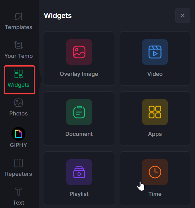 Menú lateral del Designer de íconos sobre fondo gris oscuro, con el ícono de Widgets delineado en rojo