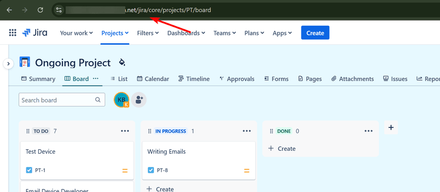 Panel de Jira con la URL señalada