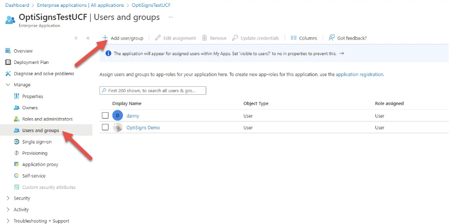 user and group added to app within ms azure