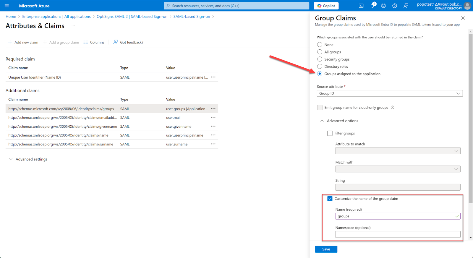 group claim settings ms azure