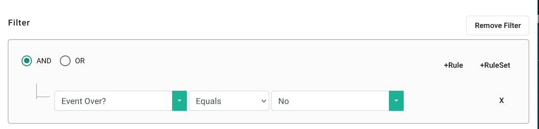exemple de filtre de source de données optisync avec la première valeur définie sur Event Over?, la deuxième valeur définie sur Equals, la troisième valeur définie sur No
