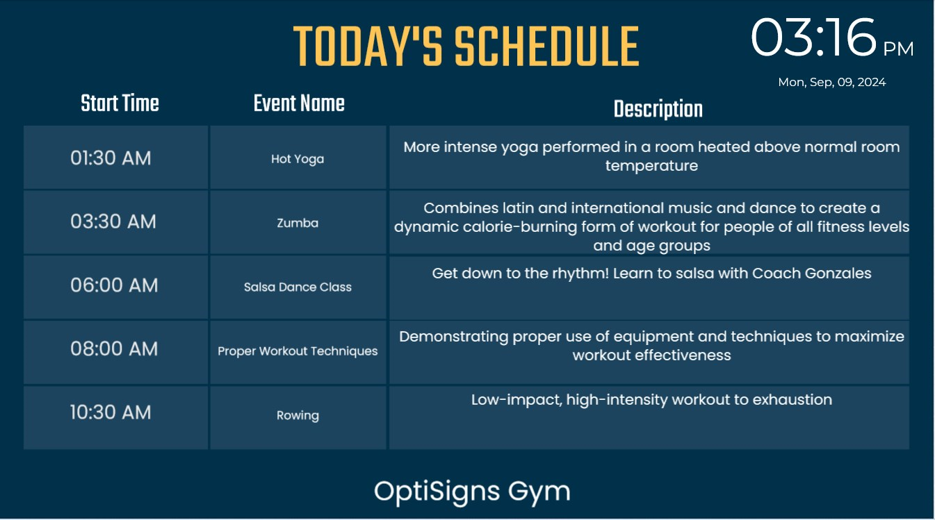 exemplo de uma agenda de eventos diária usando optisync para optisigns gym