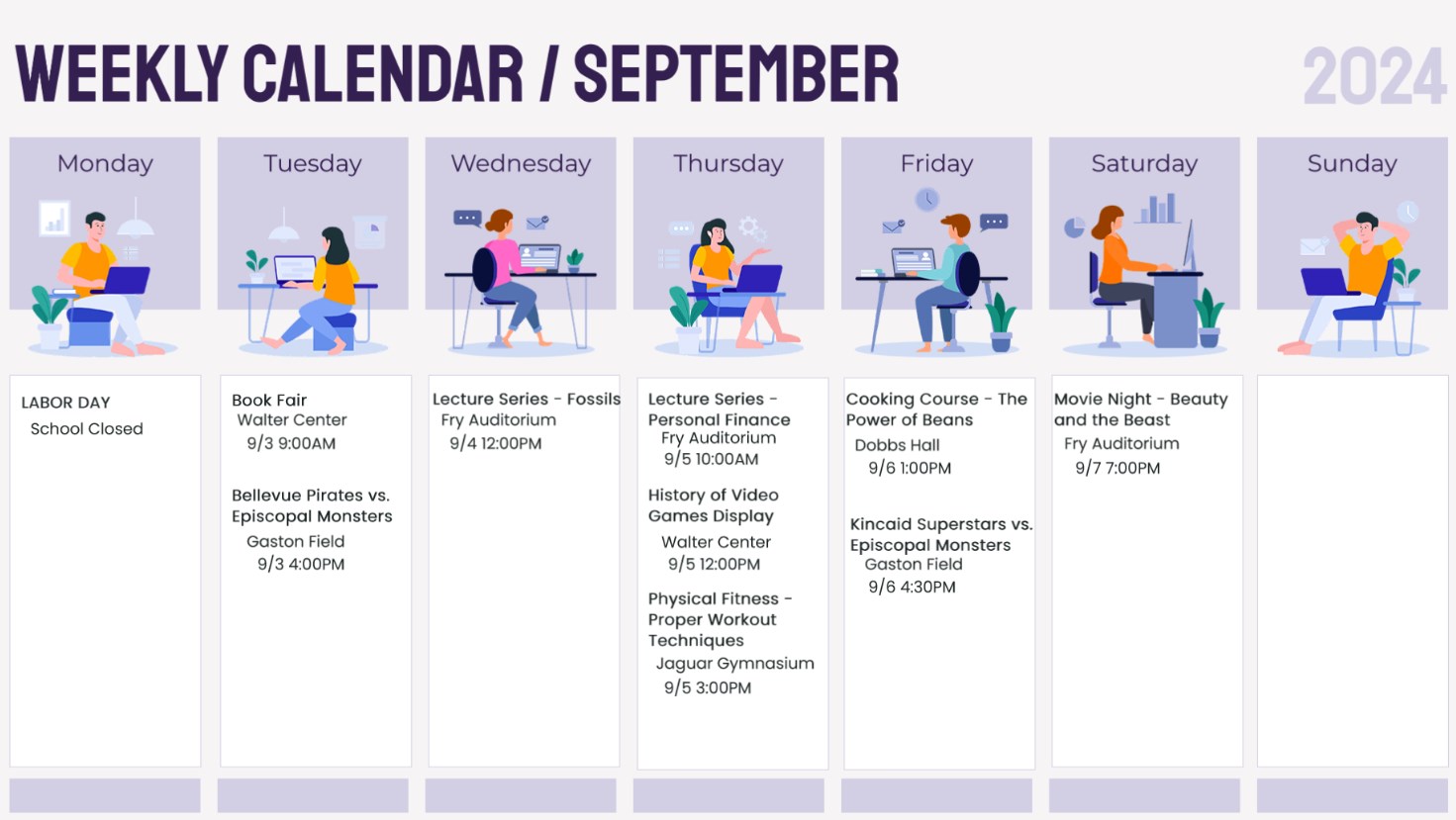 exemplo de design de agenda de eventos semanal