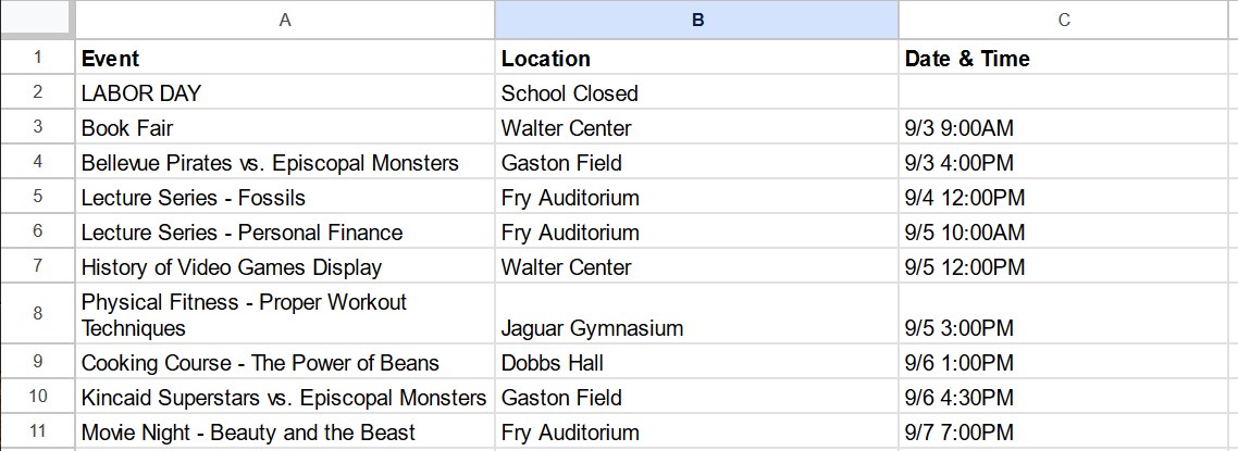 google sheet wekelijks gebeurtenisschema voorbeeld