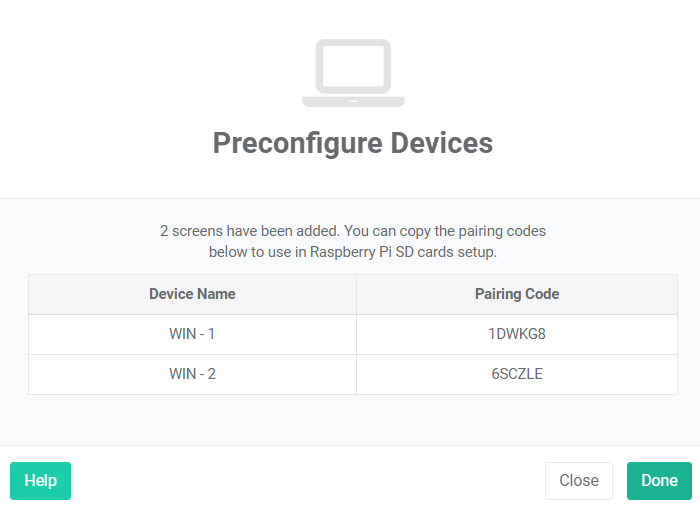 écran de préconfiguration des appareils avec deux écrans ajoutés