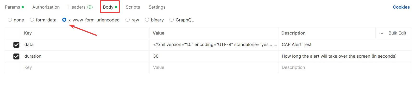 ejemplo en postman del formato urlencoded
