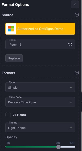 opções de formatação do widget de sala de reunião