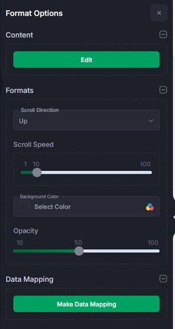 opções de formatação do widget de rolagem vertical