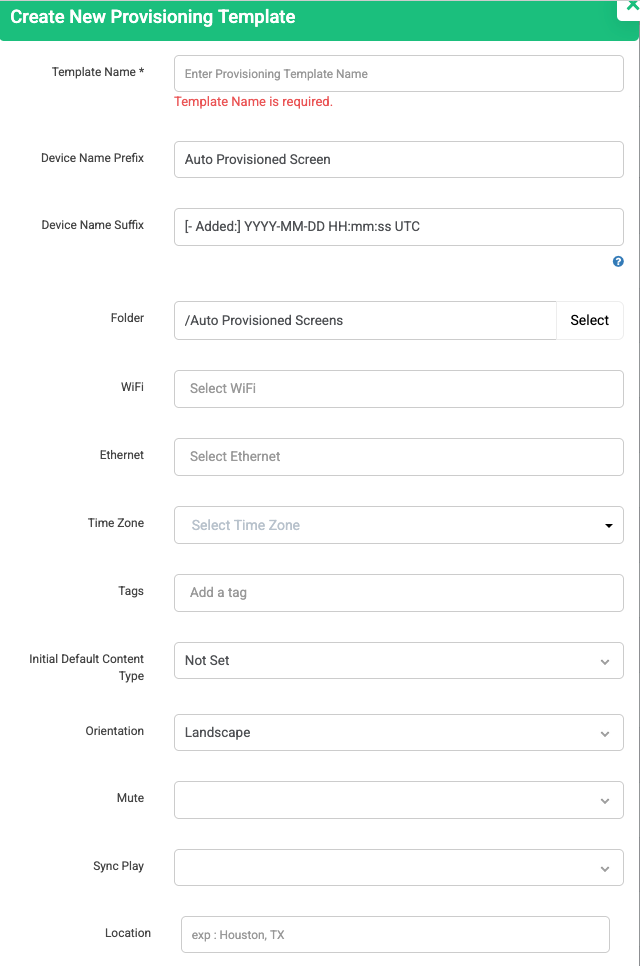 provisioning template creation window