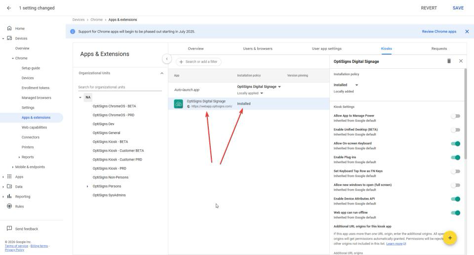 chromeos setup optisigns app in window