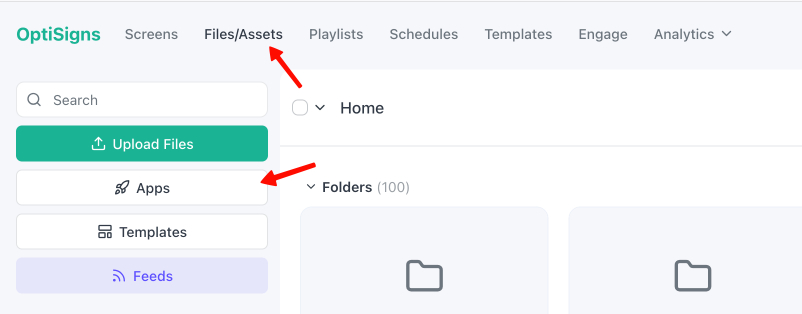 optisigns files assets apps