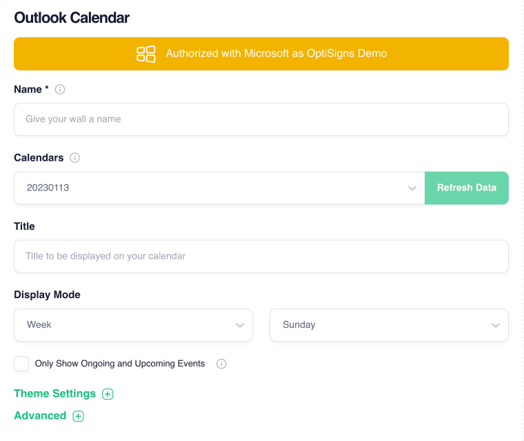 optisigns outlook calendar app setup
