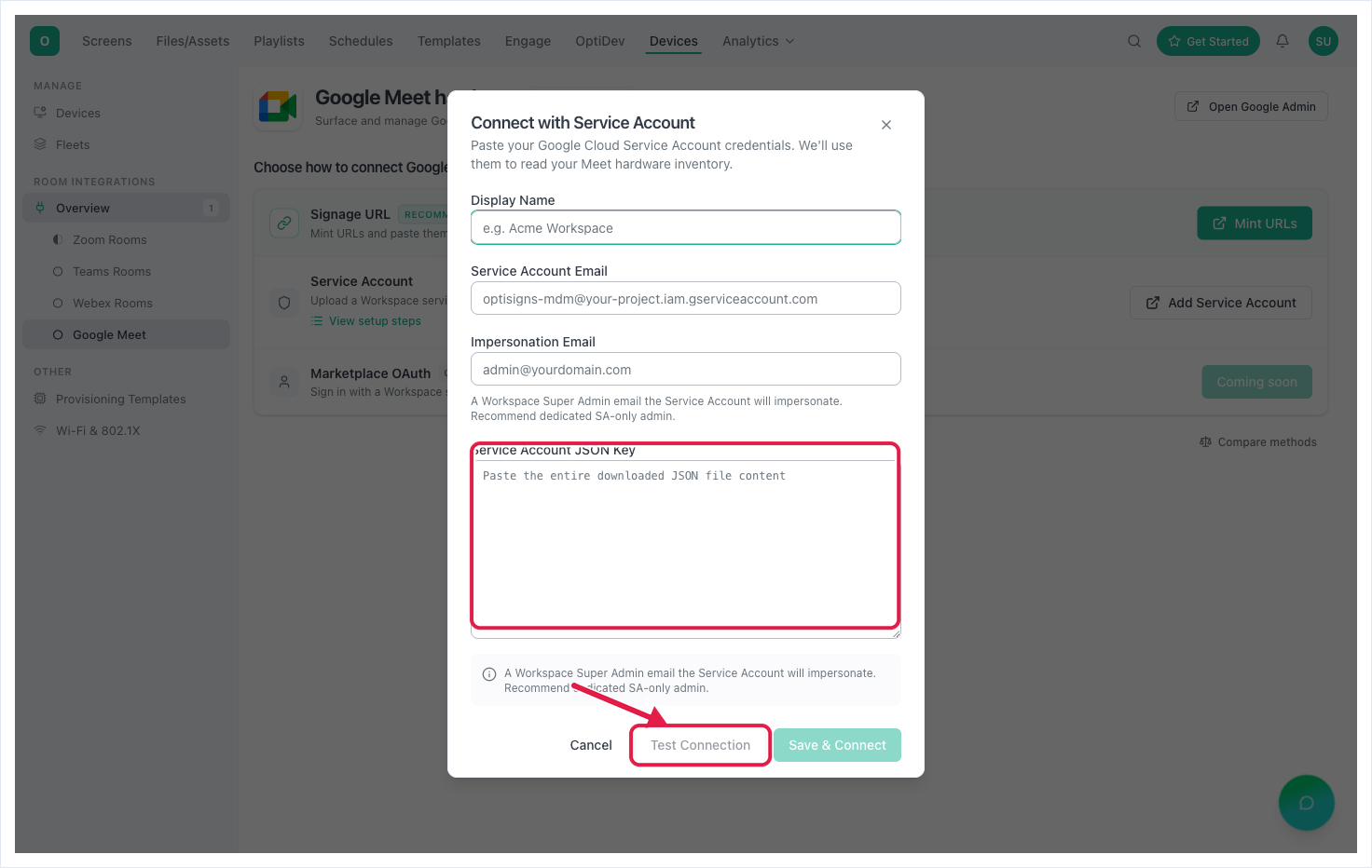 The Add Service Account dialog — fill the fields, then Test Connection before Save & Connect