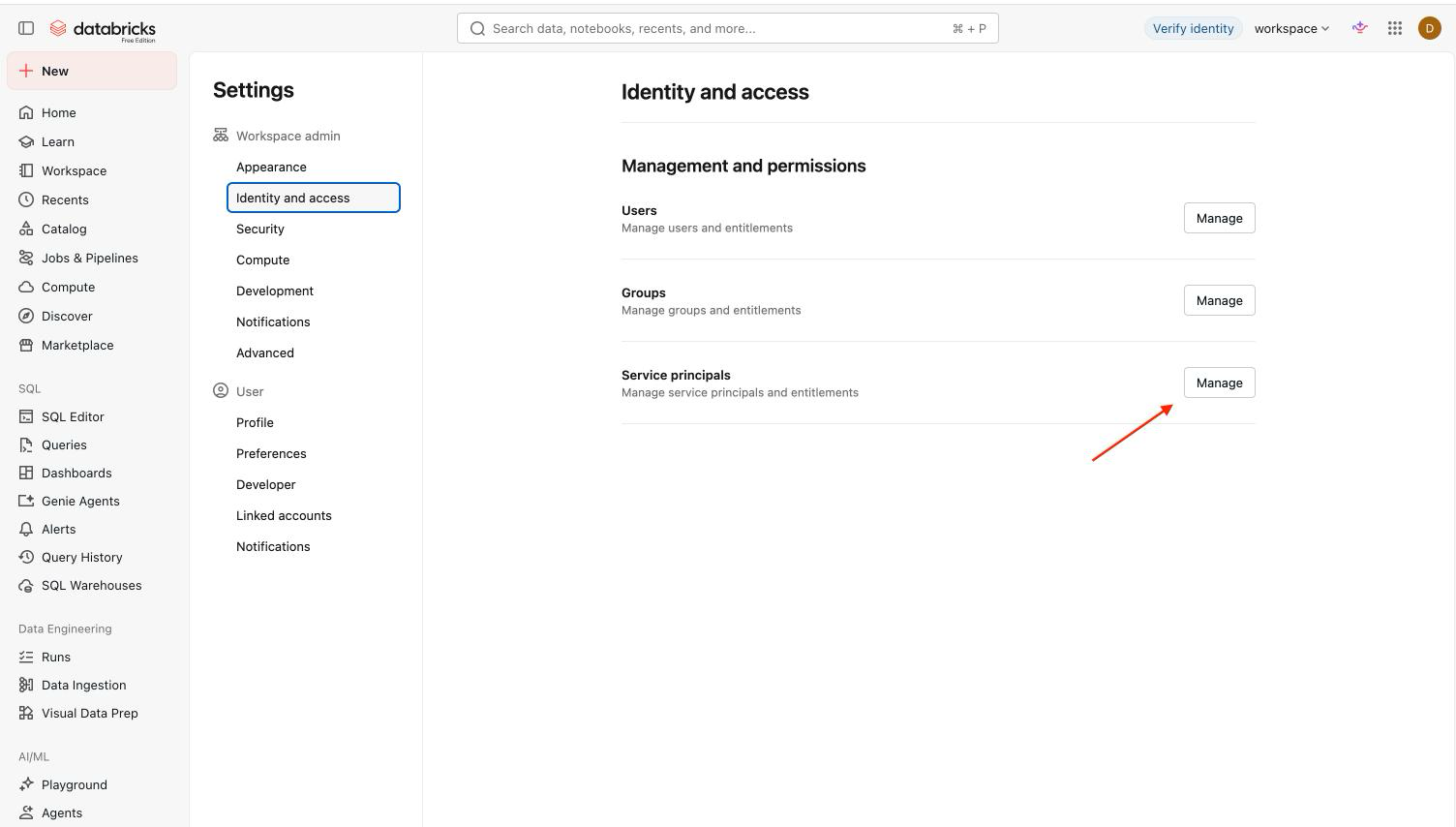 Databricks Identity and access settings with Manage beside Service principals