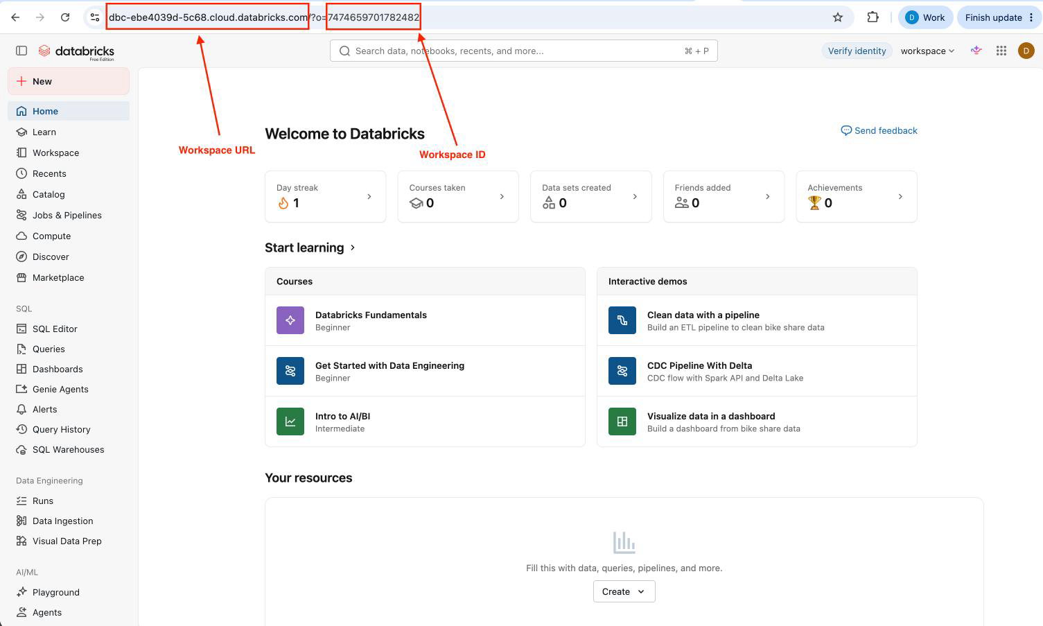 Databricks home page with the browser address bar labelled Workspace URL and Workspace ID