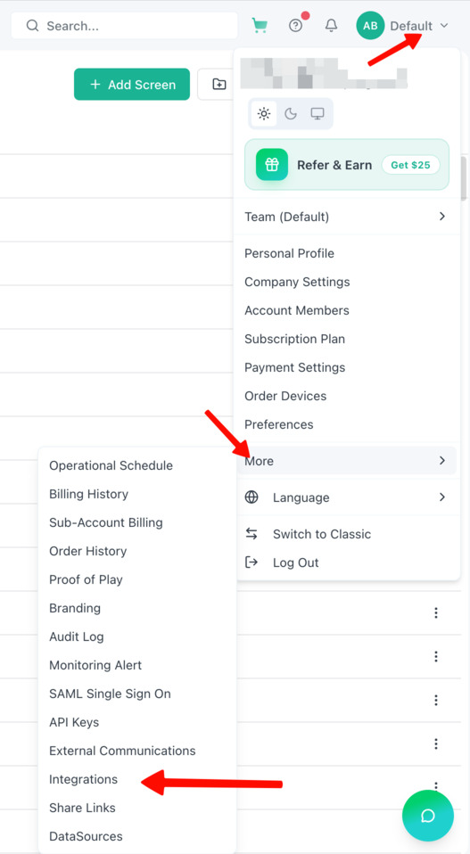 OptiSigns account menu expanded to More with Integrations highlighted