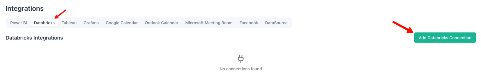 OptiSigns Integrations page on the Databricks tab with the Add Databricks Connection button
