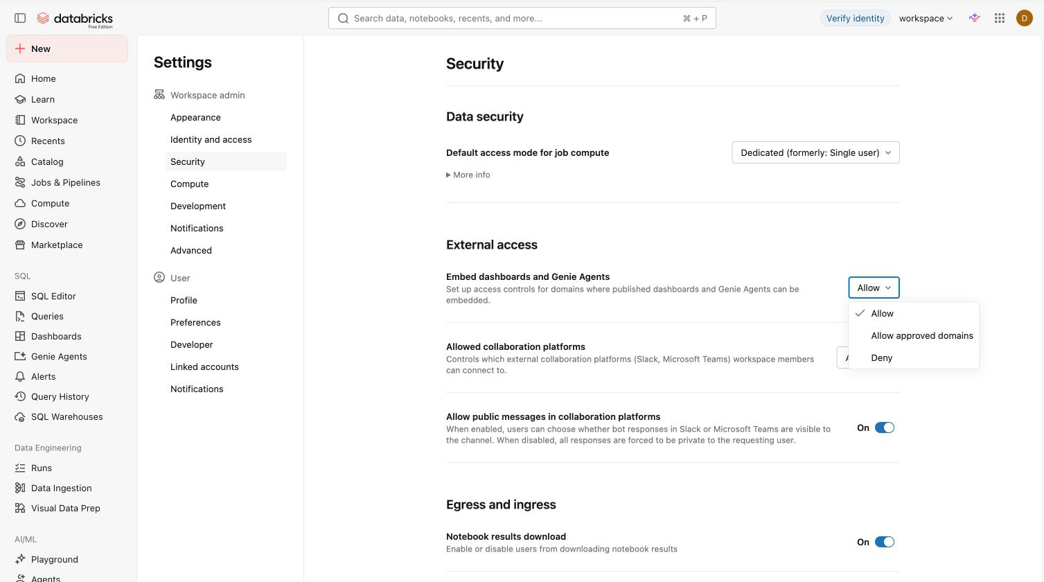 Databricks Security settings with the Embed dashboards dropdown open on Allow