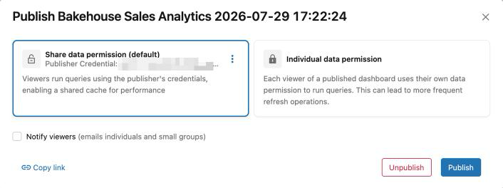 Databricks publish dialog showing Share data permission selected and the Publish button