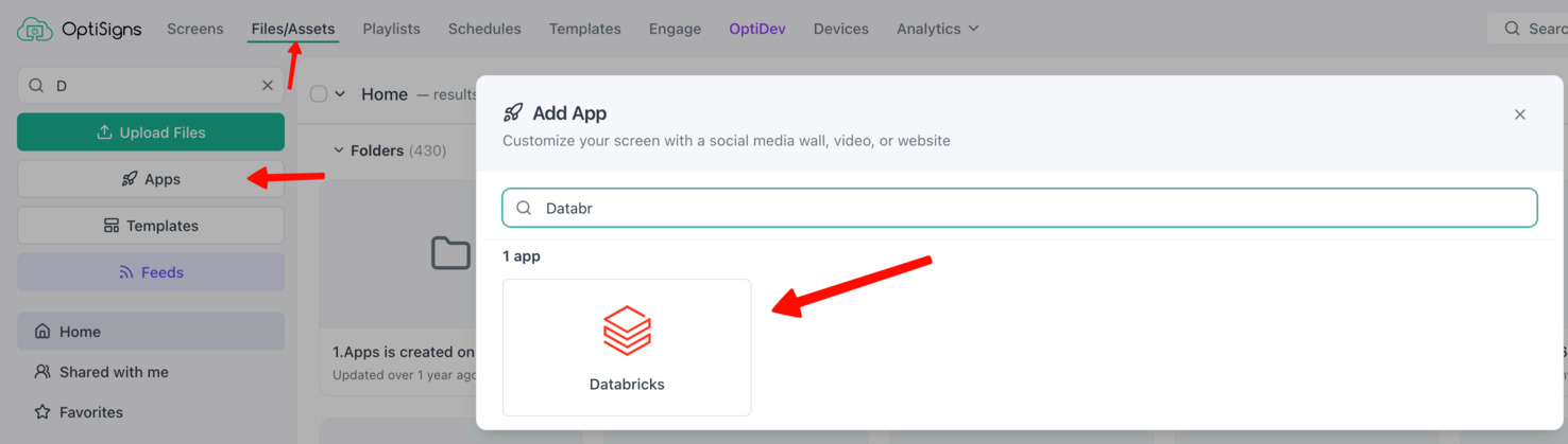 OptiSigns Add App dialog with the Databricks app tile in the search results