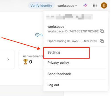 Databricks workspace menu open with Settings highlighted